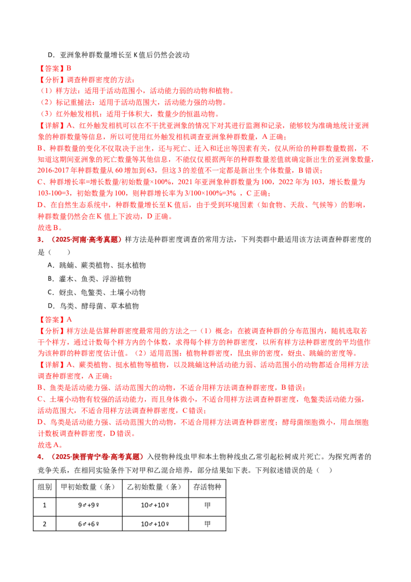 五年（2021-2025）全国高考生物真题分类汇编专题18种群和群落（全国通用）（解析版）_高考真题分类汇编_高考生物真题分类汇编（全国通用）五年（2021-2025）