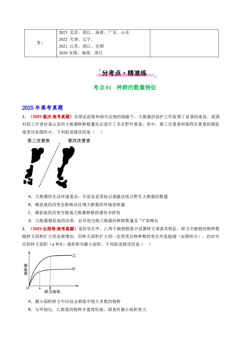 五年（2021-2025）全国高考生物真题分类汇编专题18种群和群落（全国通用）（原卷版）_高考真题分类汇编_高考生物真题分类汇编（全国通用）五年（2021-2025）