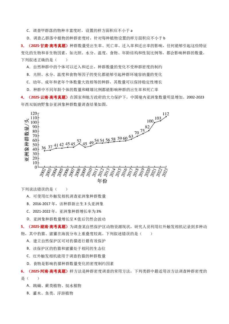 五年（2021-2025）全国高考生物真题分类汇编专题18种群和群落（全国通用）（原卷版）_高考真题分类汇编_高考生物真题分类汇编（全国通用）五年（2021-2025）
