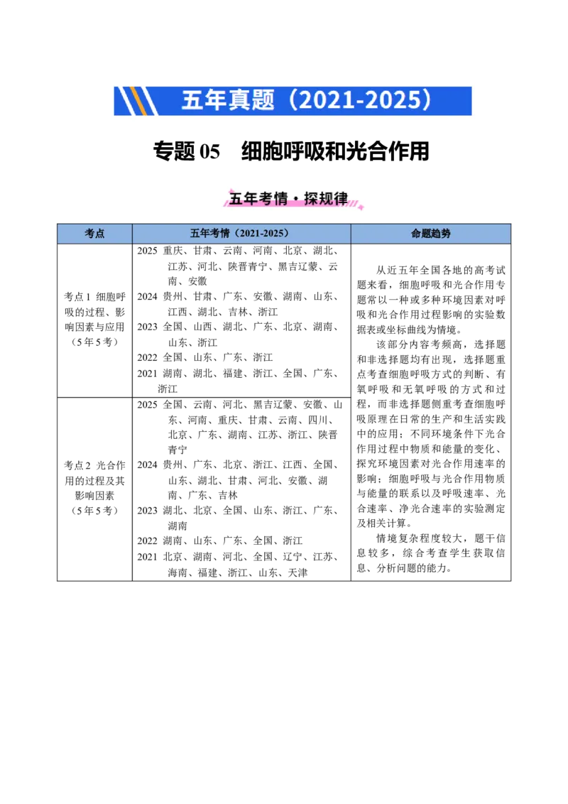 五年（2021-2025）全国高考生物真题分类汇编专题05细胞呼吸和光合作用（全国通用）（原卷版）_高考真题分类汇编_高考生物真题分类汇编（全国通用）五年（2021-2025）