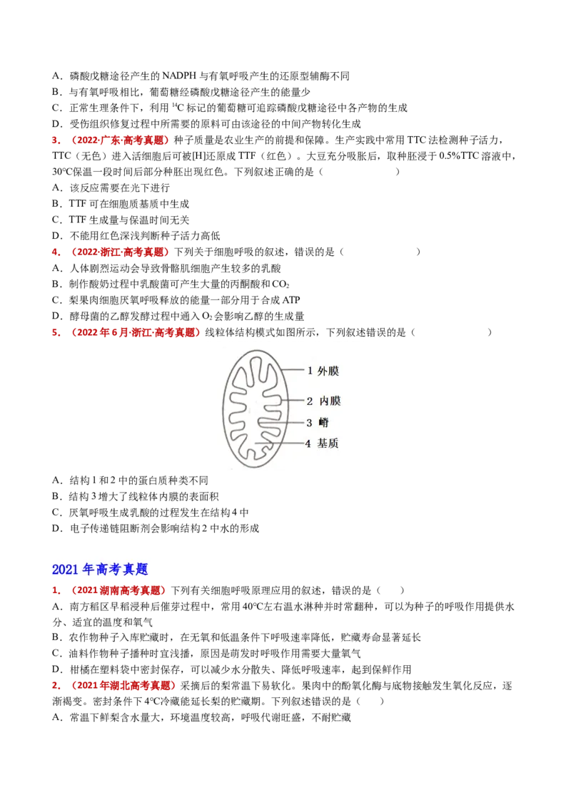 五年（2021-2025）全国高考生物真题分类汇编专题05细胞呼吸和光合作用（全国通用）（原卷版）_高考真题分类汇编_高考生物真题分类汇编（全国通用）五年（2021-2025）