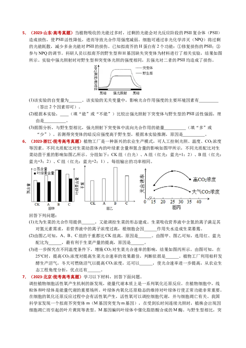 五年（2021-2025）全国高考生物真题分类汇编专题05细胞呼吸和光合作用（全国通用）（原卷版）_高考真题分类汇编_高考生物真题分类汇编（全国通用）五年（2021-2025）