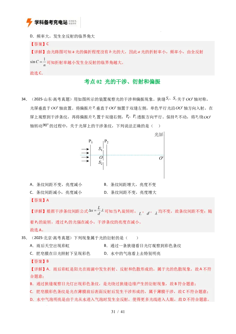 专题16光学电磁波相对论（全国通用）（解析版）_高考真题分类汇编_高考物理真题分类汇编（全国通用）五年（2021-2025）