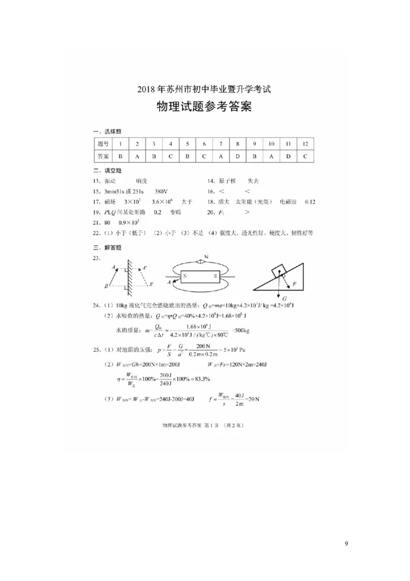 江苏省苏州市2018年中考物理真题试题（扫描版，含答案）._中考真题_4.物理中考真题2015-2024年_2018年中考物理真题223份
