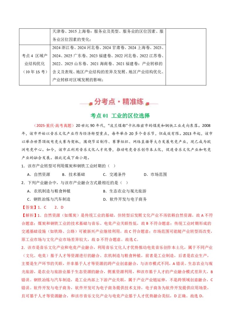五年（2021-2025）高考地理真题分类汇编专题11工业与服务业（全国通用）（解析版）_高考真题分类汇编_高考地理真题分类汇编（全国通用）五年（2021-2025）_pdf