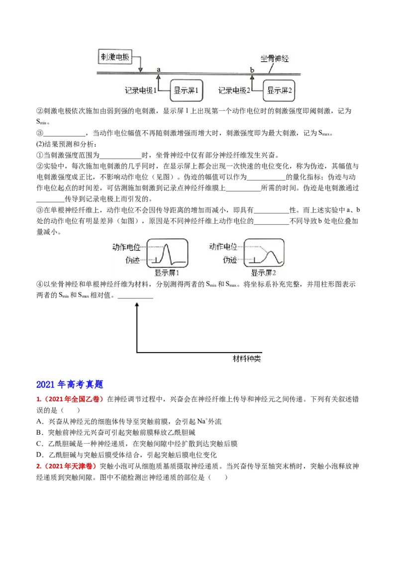 五年（2021-2025）全国高考生物真题分类汇编专题14神经调节（全国通用）（原卷版）_高考真题分类汇编_高考生物真题分类汇编（全国通用）五年（2021-2025）