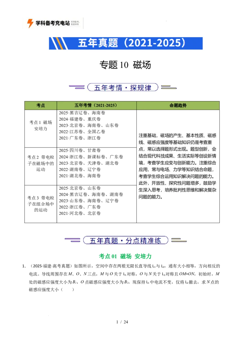 专题10磁场（全国通用）（原卷版）_高考真题分类汇编_高考物理真题分类汇编（全国通用）五年（2021-2025）_专题10磁场（全国通用）-好题汇编五年（2021-2025）高考物理真题分类汇编