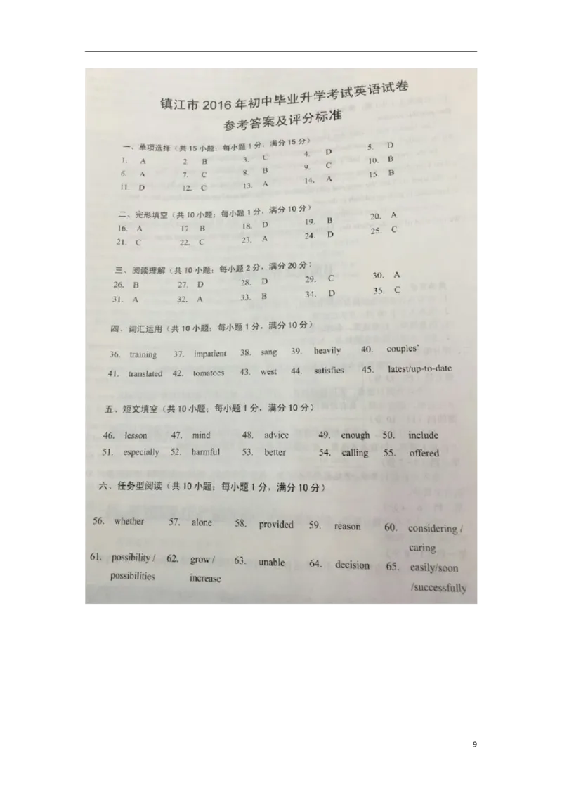 江苏省镇江市2016年中考英语真题试题（扫描版，含答案）_中考真题_3.英语中考真题2015-2024年_2016年全国中考YINGYU99份