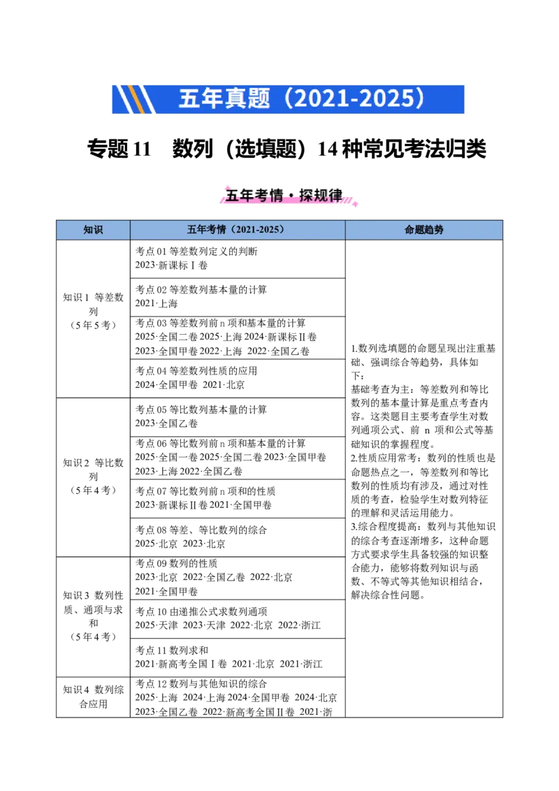 专题11数列（选填题）14种常见考法归类（全国通用）（原卷版）_高考真题分类汇编_高考数学真题分类汇编（全国通用）五年（2021-2025）