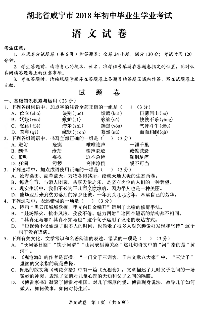 湖北省咸宁市2018年中考语文真题试题（pdf，含答案）_中考真题_1.语文中考真题2015-2024年_2018年全国中考语文239份_2018年全国中考YuWen239份