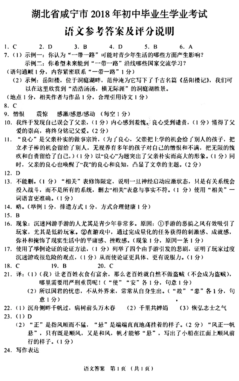湖北省咸宁市2018年中考语文真题试题（pdf，含答案）_中考真题_1.语文中考真题2015-2024年_2018年全国中考语文239份_2018年全国中考YuWen239份