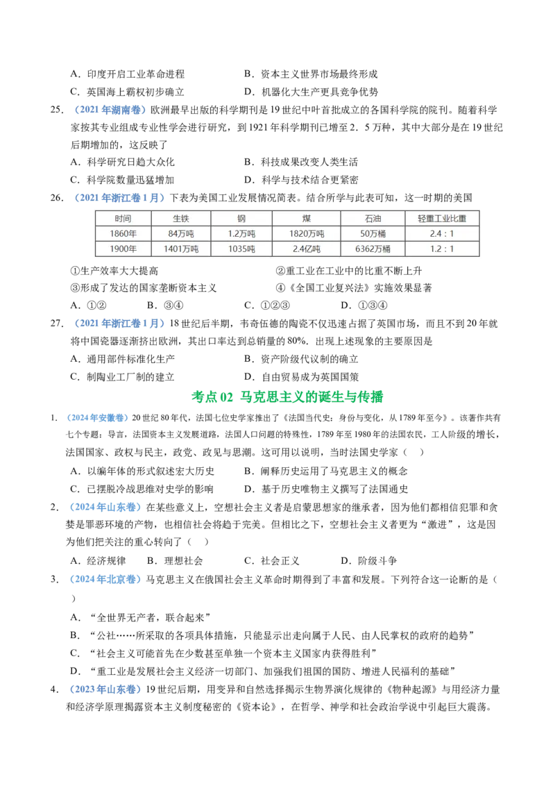 五年（2021-2025）高考历史真题分类汇编专题14工业革命与马克思主义的诞生（全国通用）（原卷版）_高考真题分类汇编_高考历史真题分类汇编（全国通用）五年（2021-2025）