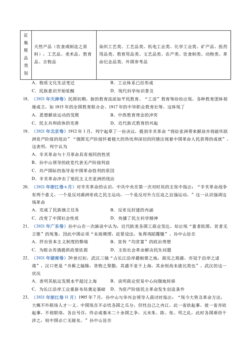 五年（2021-2025）高考历史真题分类汇编专题06辛亥革命与中华民国的建立（全国通用）（原卷版）_高考真题分类汇编_高考历史真题分类汇编（全国通用）五年（2021-2025）