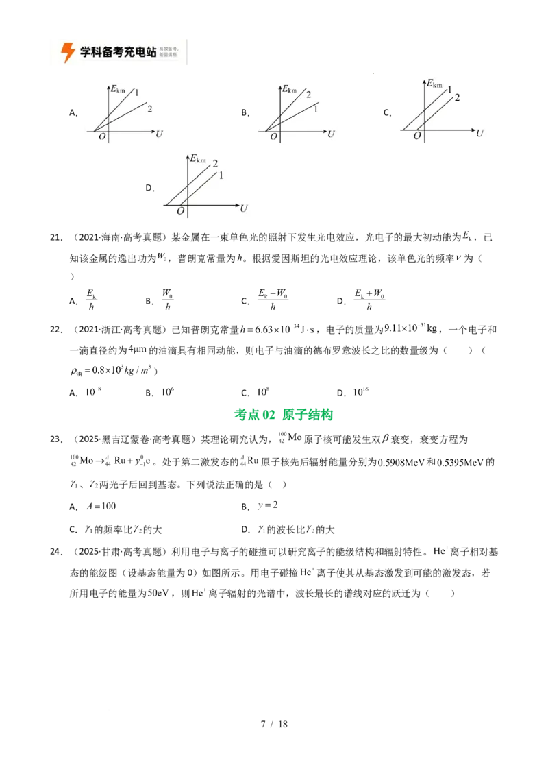 专题13原子结构、原子核和波粒二象性（全国通用）（原卷版）_高考真题分类汇编_高考物理真题分类汇编（全国通用）五年（2021-2025）