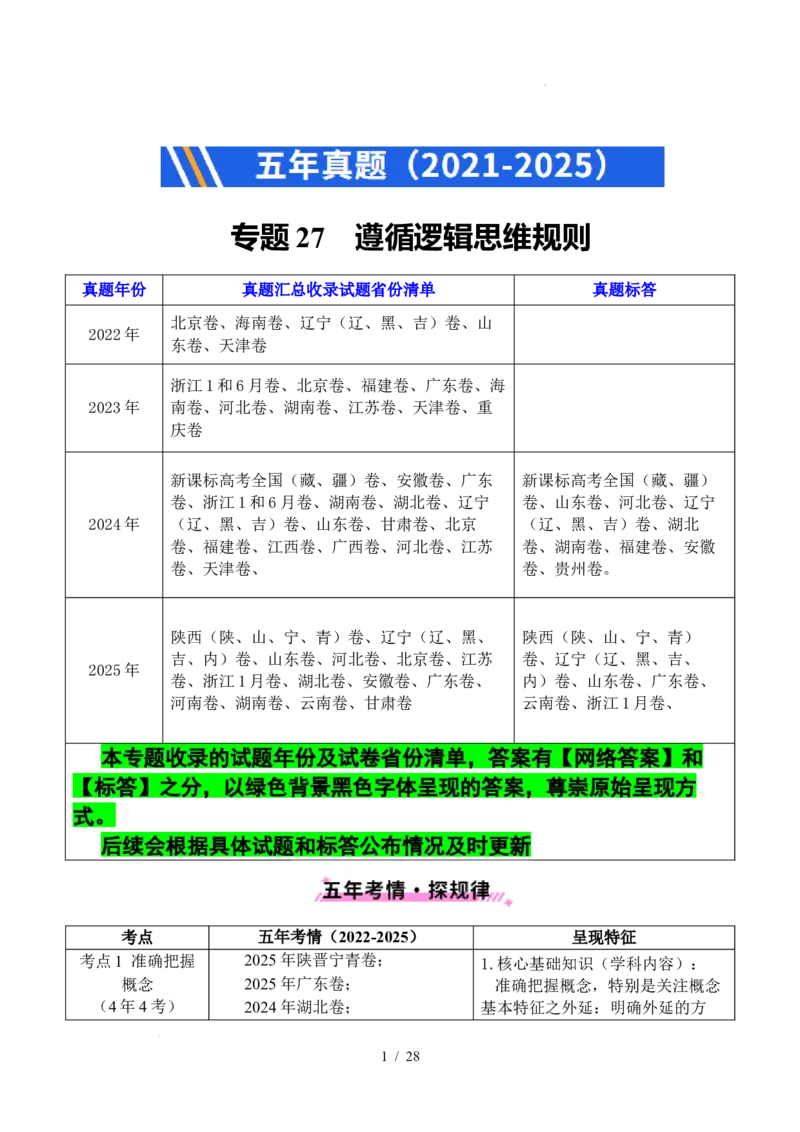 专题27遵循逻辑思维规则全国通用）（原卷版）_高考真题分类汇编_高考政治真题分类汇编（全国通用）五年（2021-2025）