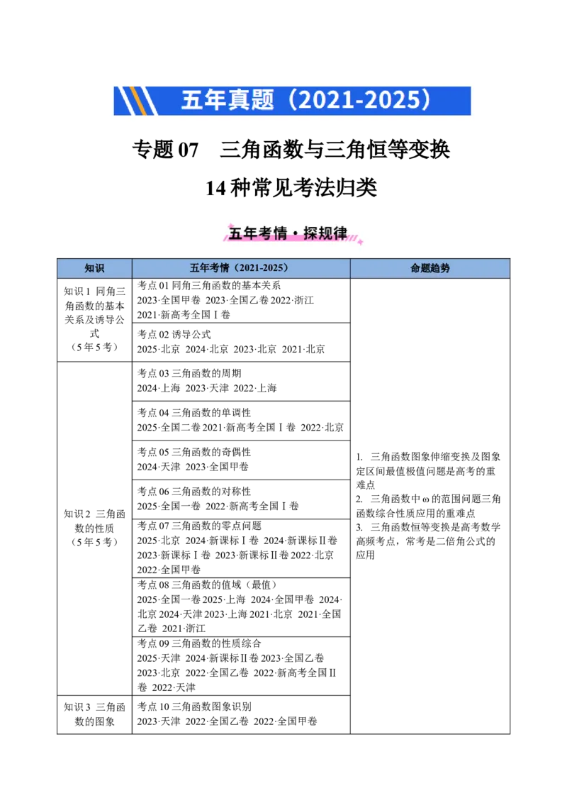 专题07三角函数与三角恒等变换14种常见考法归类（全国通用）（原卷版）_高考真题分类汇编_高考数学真题分类汇编（全国通用）五年（2021-2025）