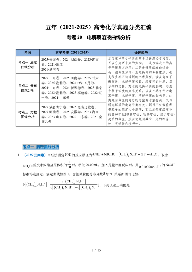 专题20电解质溶液曲线分析_高考真题分类汇编_高考化学真题分类汇编（全国通用）五年（2021-2025）_专题20电解质溶液曲线分析五年（2021-2025）高考化学真题分类汇编
