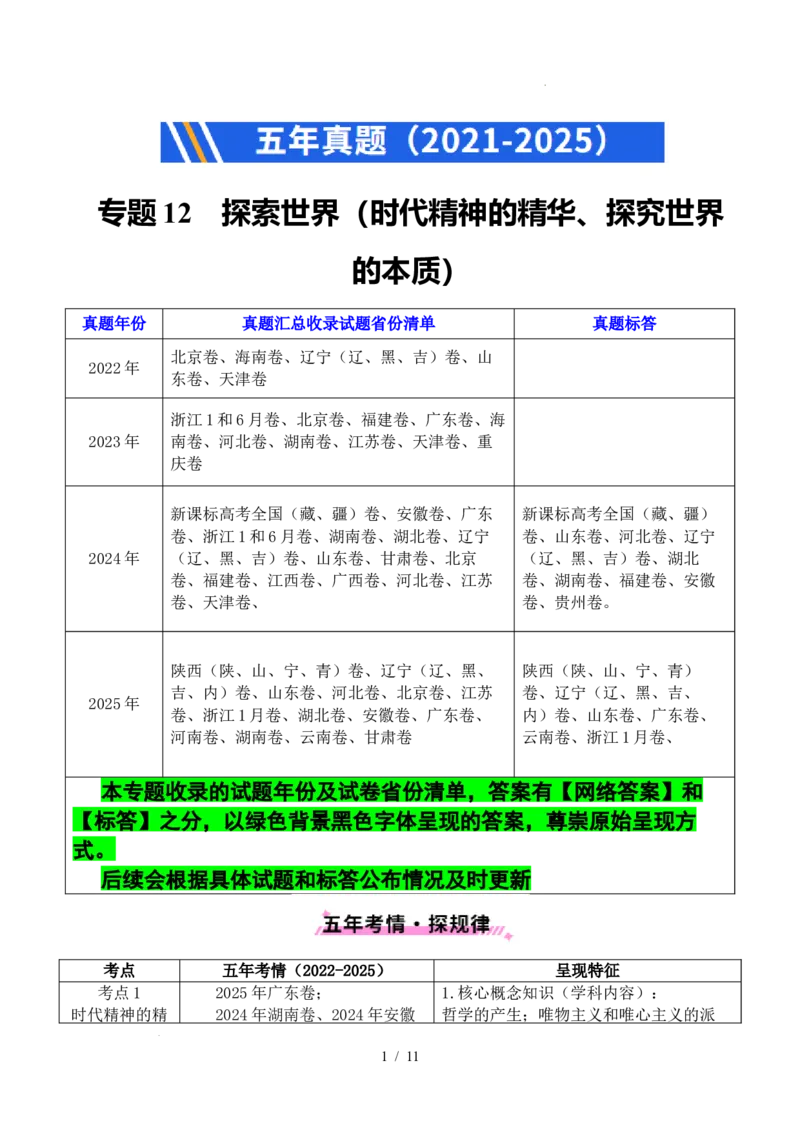 专题12探索世界（时代精神的精华、探究世界的本质）（全国通用）（原卷版）_高考真题分类汇编_高考政治真题分类汇编（全国通用）五年（2021-2025）