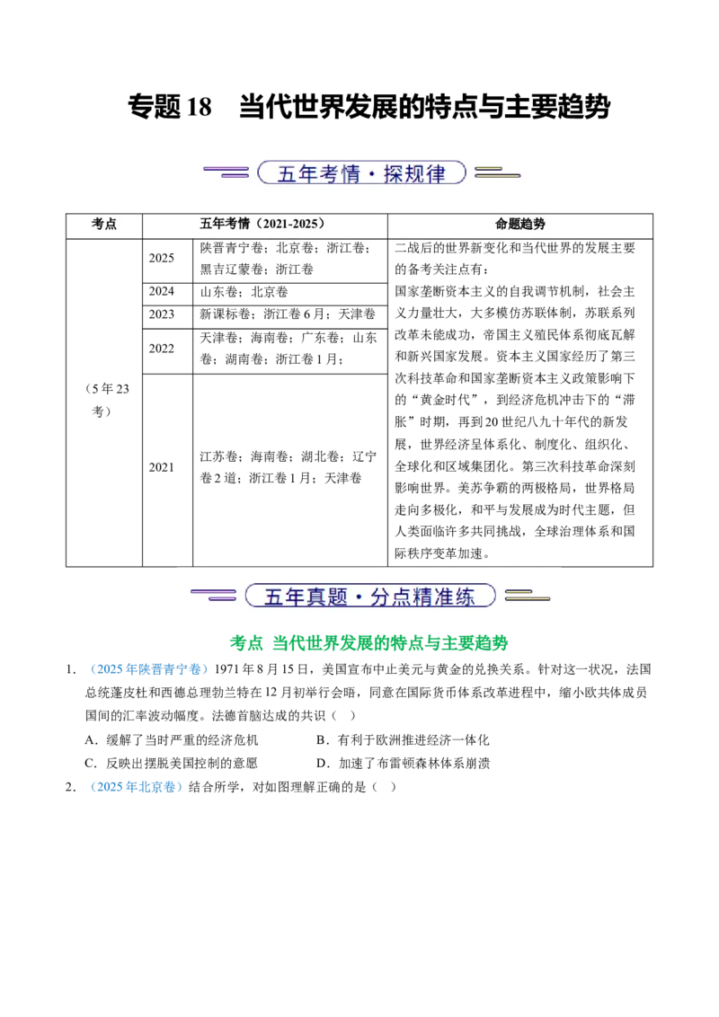 五年（2021-2025）高考历史真题分类汇编专题18当代世界发展的特点与主要趋势（全国通用）（原卷版）_高考真题分类汇编_高考历史真题分类汇编（全国通用）五年（2021-2025）