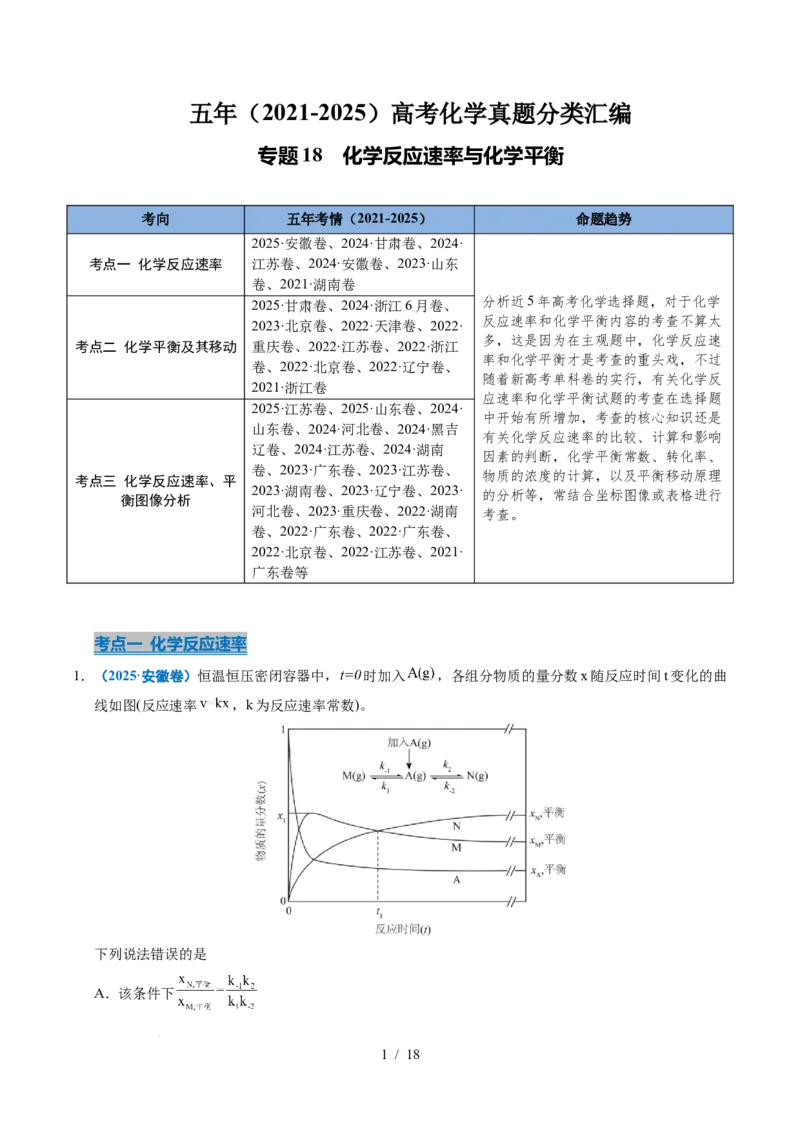 专题18化学反应速率与化学平衡_高考真题分类汇编_高考化学真题分类汇编（全国通用）五年（2021-2025）_专题18化学反应速率与化学平衡五年（2021-2025）高考化学真题分类汇编