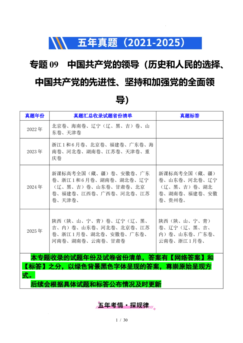 专题09中国的领导（历史和人民的选择、中国的先进性、坚持和加强党的全面领导）（全国通用）（解析版）_高考真题分类汇编
