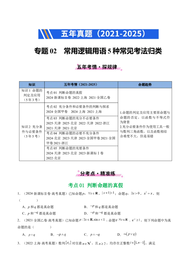 专题02常用逻辑用语5种常见考法归类（全国通用）（原卷版）_高考真题分类汇编_高考数学真题分类汇编（全国通用）五年（2021-2025）