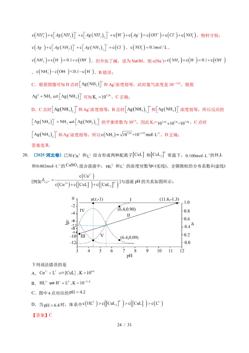 专题20电解质溶液曲线分析（解析）_高考真题分类汇编_高考化学真题分类汇编（全国通用）五年（2021-2025）_专题20电解质溶液曲线分析五年（2021-2025）高考化学真题分类汇编