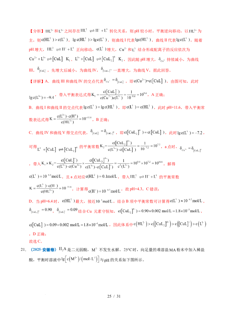 专题20电解质溶液曲线分析（解析）_高考真题分类汇编_高考化学真题分类汇编（全国通用）五年（2021-2025）_专题20电解质溶液曲线分析五年（2021-2025）高考化学真题分类汇编
