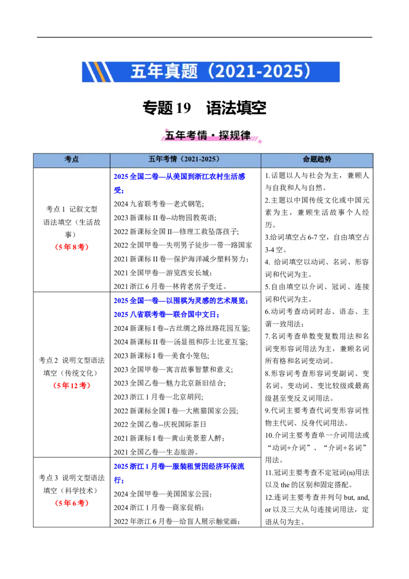 专题17语法埴空（全国通用）（原卷版）_高考真题分类汇编_高考英语真题分类汇编（新高考通用）五年（2021-2025）
