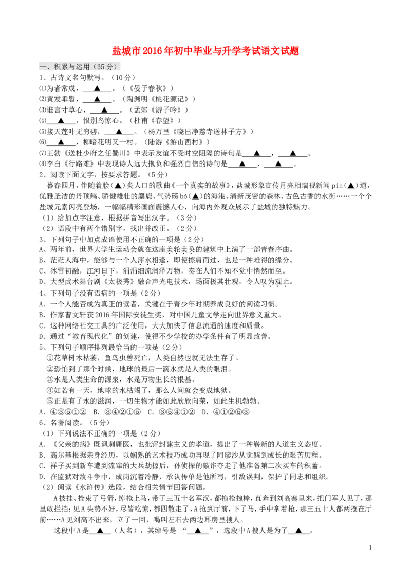 江苏省盐城市2016年中考语文真题试题（含答案）_中考真题_1.语文中考真题2015-2024年_2016年全国中考语文140份_2016年全国中考YuWen140份