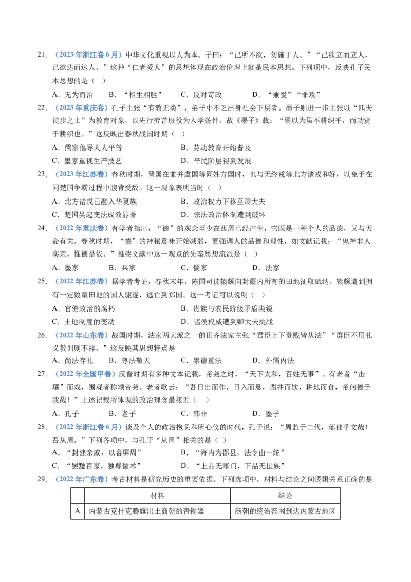 五年（2021-2025）高考历史真题分类汇编专题01从中华文明起源到秦汉统一多民族封建国家的建立与巩固（全国通用）（原卷版）_高考真题分类汇编
