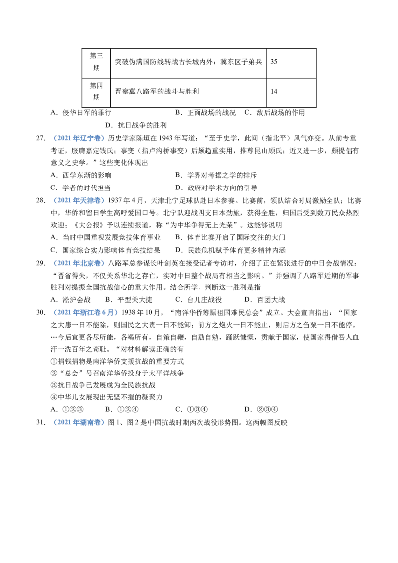 五年（2021-2025）高考历史真题分类汇编专题08中华民族的抗日战争和人民解放战争（全国通用）（原卷版）_高考真题分类汇编_高考历史真题分类汇编（全国通用）五年（2021-2025）