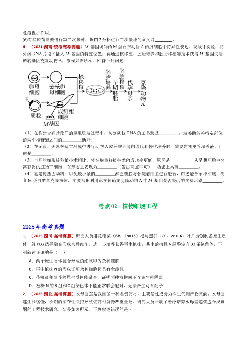 五年（2021-2025）全国高考生物真题分类汇编专题21细胞工程与胚胎工程（全国通用）（原卷版）_高考真题分类汇编_高考生物真题分类汇编（全国通用）五年（2021-2025）