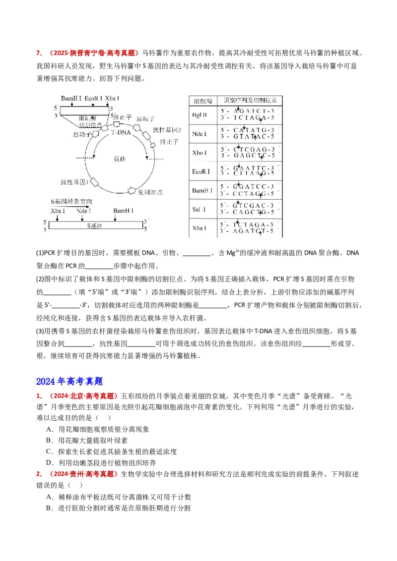 五年（2021-2025）全国高考生物真题分类汇编专题21细胞工程与胚胎工程（全国通用）（原卷版）_高考真题分类汇编_高考生物真题分类汇编（全国通用）五年（2021-2025）