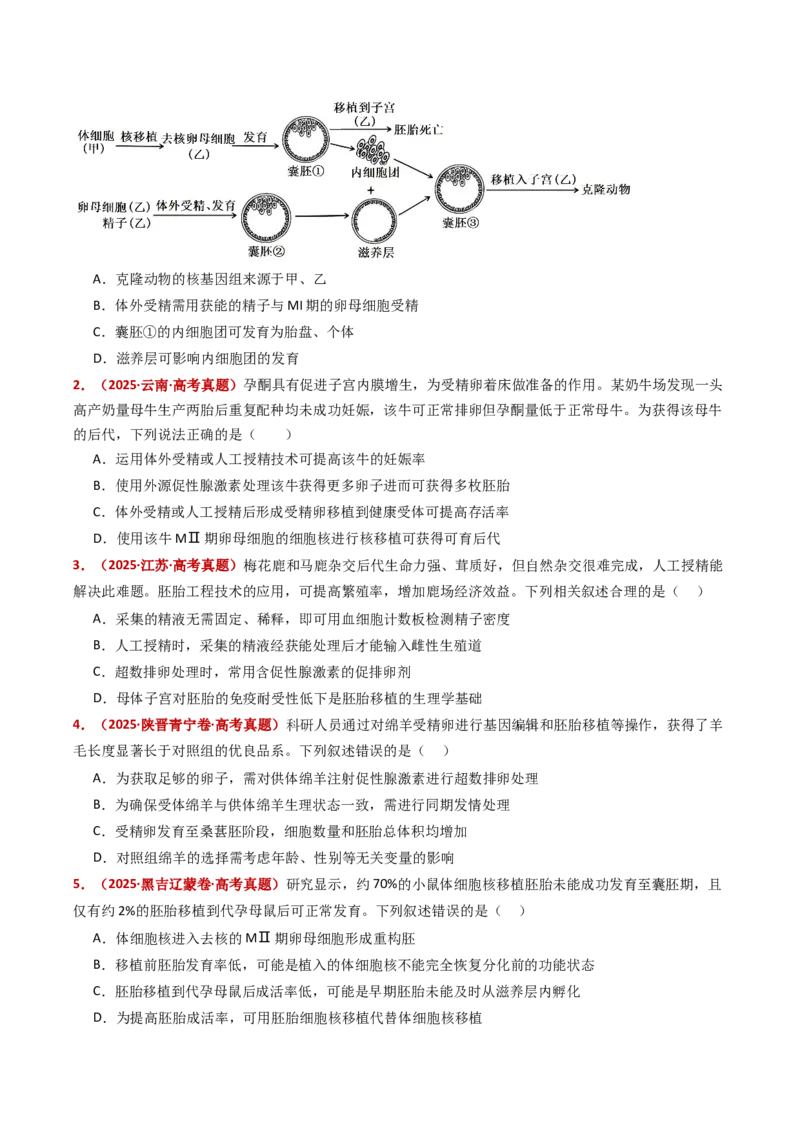 五年（2021-2025）全国高考生物真题分类汇编专题21细胞工程与胚胎工程（全国通用）（原卷版）_高考真题分类汇编_高考生物真题分类汇编（全国通用）五年（2021-2025）