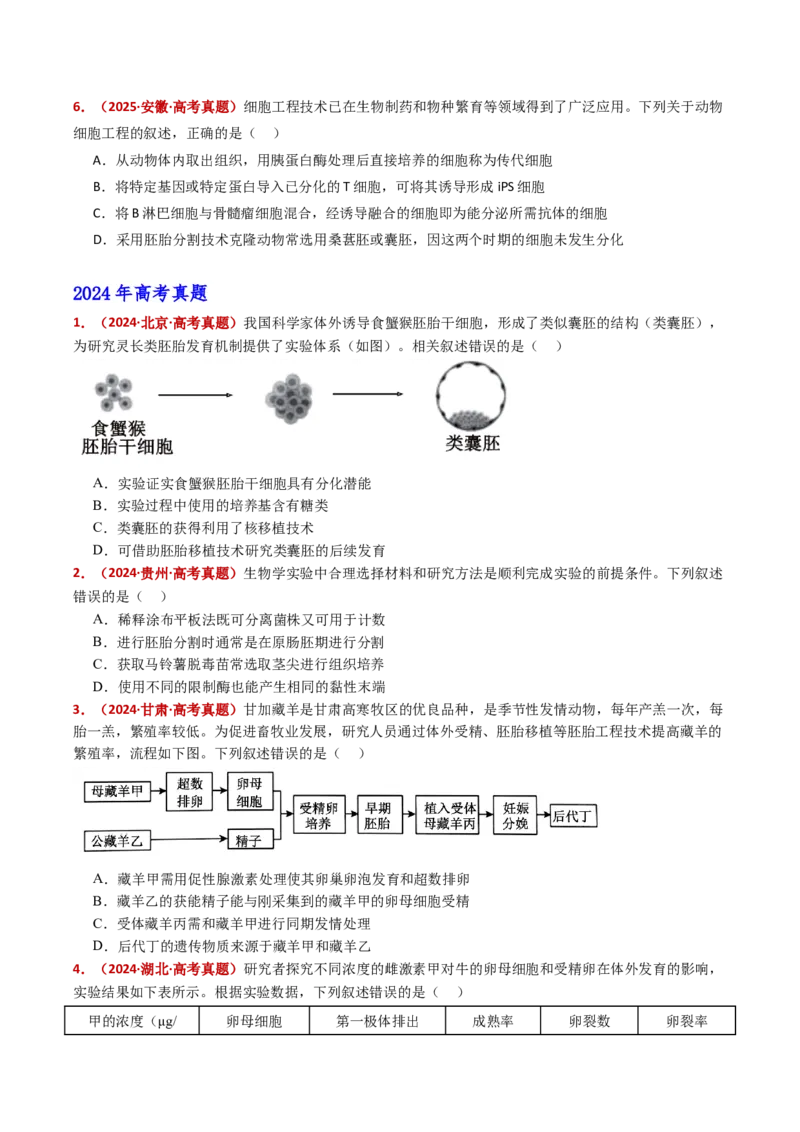 五年（2021-2025）全国高考生物真题分类汇编专题21细胞工程与胚胎工程（全国通用）（原卷版）_高考真题分类汇编_高考生物真题分类汇编（全国通用）五年（2021-2025）