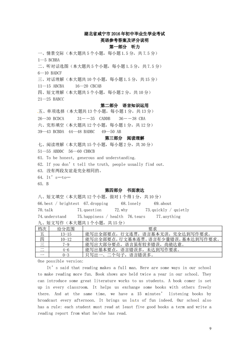 湖北省咸宁市2016年中考英语真题试题（含答案）_中考真题_3.英语中考真题2015-2024年_2016年全国中考YINGYU99份