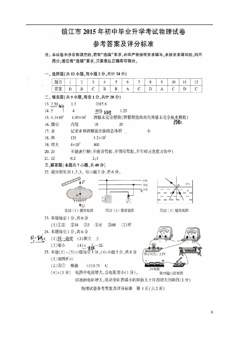江苏省镇江市2015年中考物理真题试题（含扫描答案）_中考真题_4.物理中考真题2015-2024年_2015年中考物理真题165份