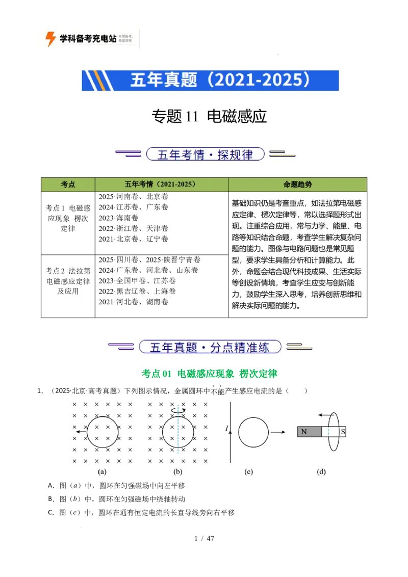 专题11电磁感应（全国通用）（解析版）_高考真题分类汇编_高考物理真题分类汇编（全国通用）五年（2021-2025）