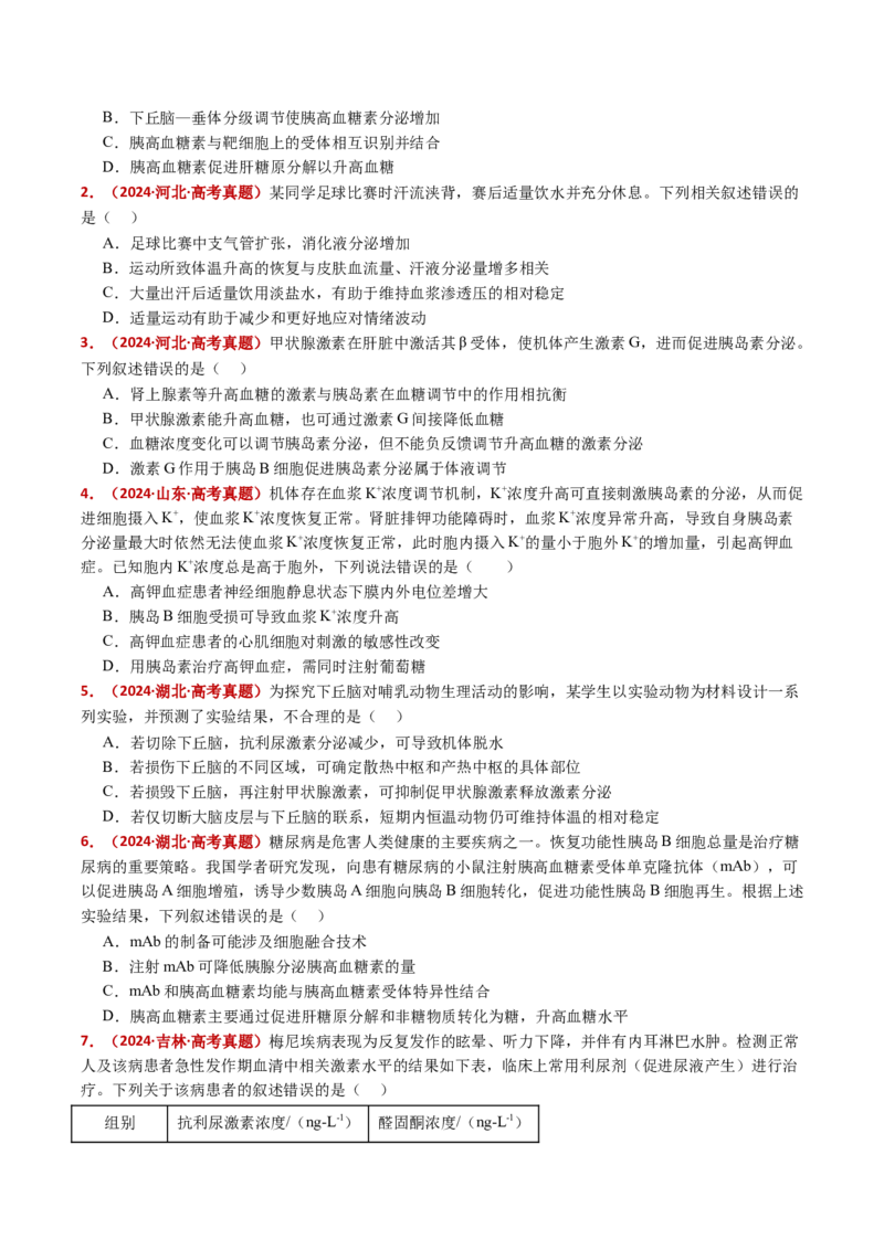 五年（2021-2025）全国高考生物真题分类汇编专题15体液调节（全国通用）（原卷版）_高考真题分类汇编_高考生物真题分类汇编（全国通用）五年（2021-2025）
