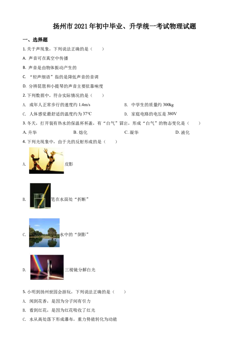 江苏省扬州市2021年中考物理试题（原卷版）_中考真题_4.物理中考真题2015-2024年_2021中考物理真题42份_2021江苏省_扬州物理