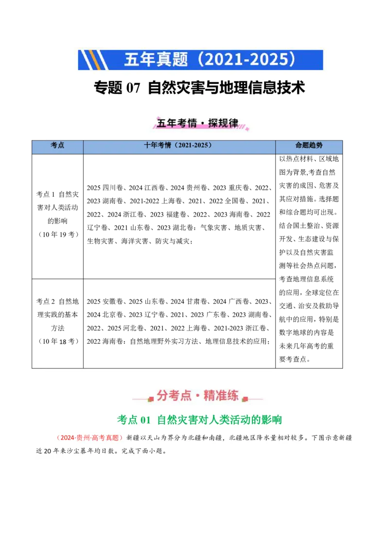 五年（2021-2025）高考地理真题分类汇编专题07自然灾害与地理信息技术（全国通用）（原卷版）_高考真题分类汇编_高考地理真题分类汇编（全国通用）五年（2021-2025）_pdf