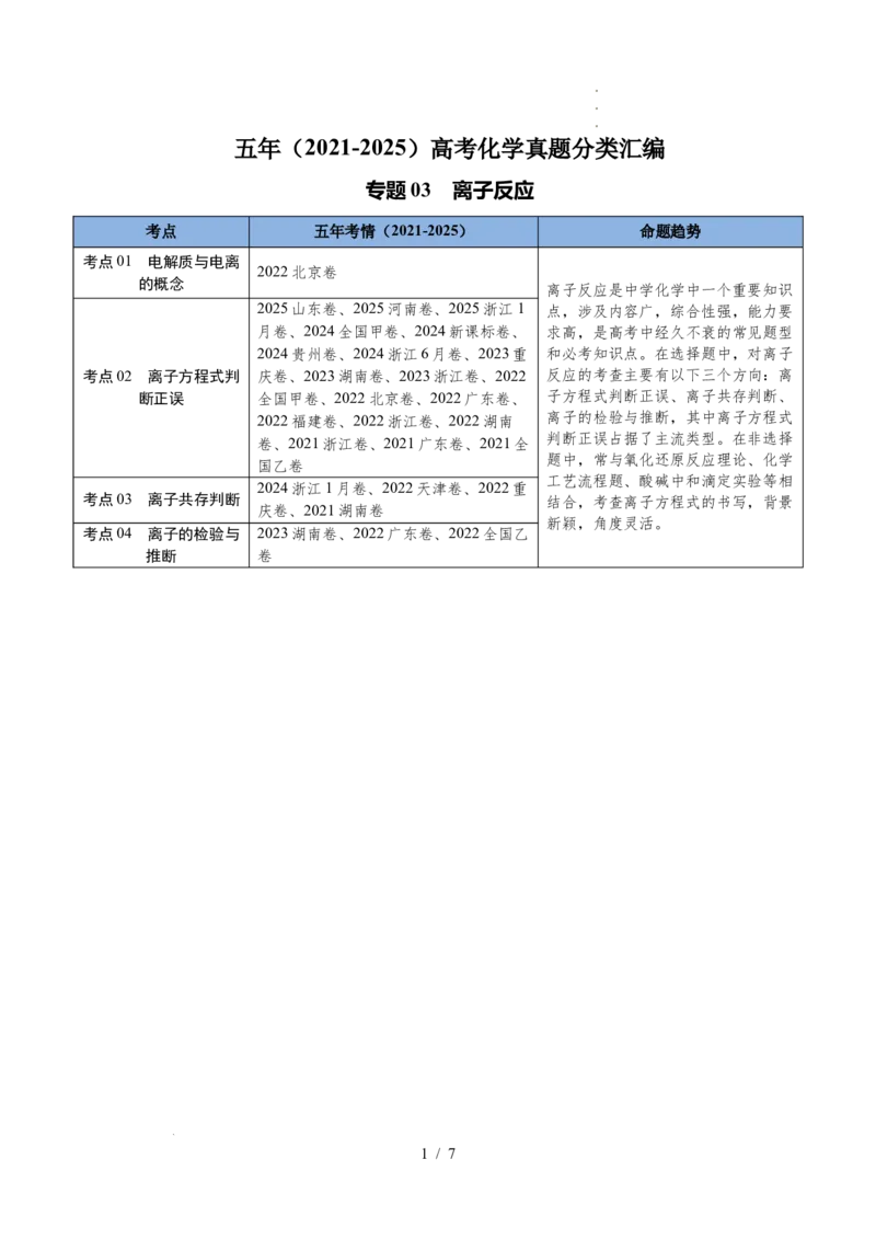 专题03离子反应_高考真题分类汇编_高考化学真题分类汇编（全国通用）五年（2021-2025）_专题03离子反应五年（2021-2025）高考化学真题分类汇编