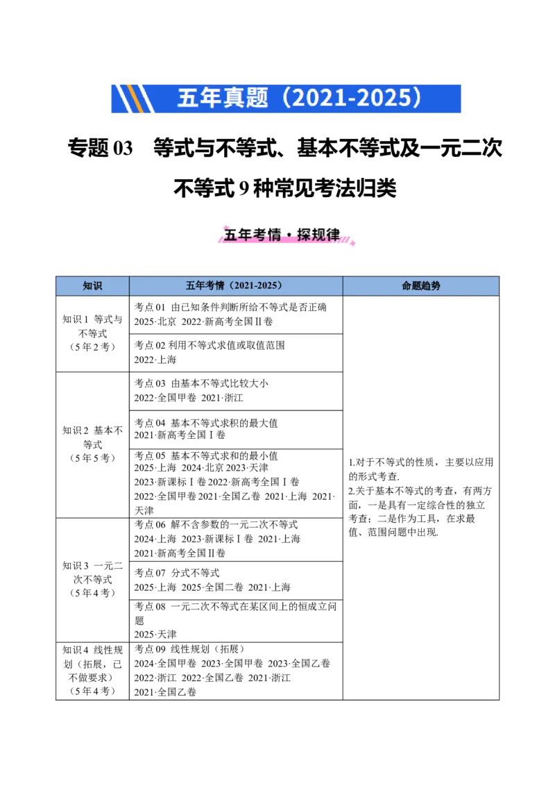 专题03等式与不等式、基本不等式及一元二次不等式9种常见考法归类（全国通用）（解析版）_高考真题分类汇编_高考数学真题分类汇编（全国通用）五年（2021-2025）