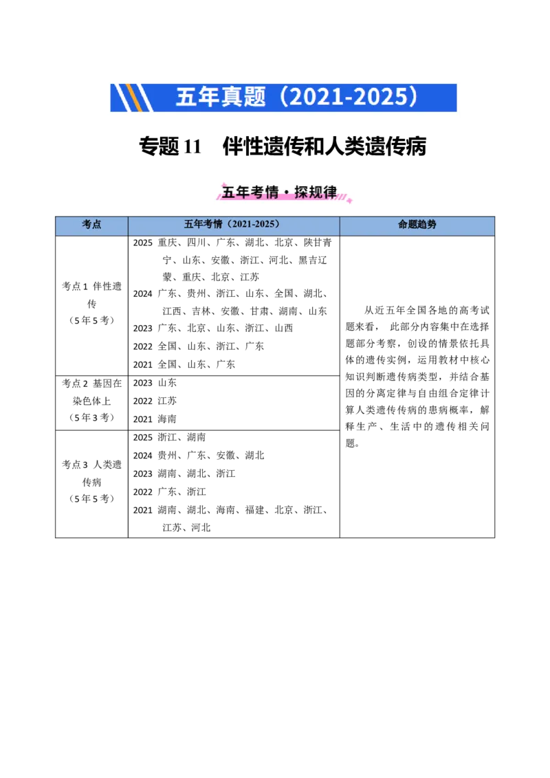五年（2021-2025）全国高考生物真题分类汇编专题11伴性遗传和人类遗传病（全国通用）（原卷版）_高考真题分类汇编_高考生物真题分类汇编（全国通用）五年（2021-2025）