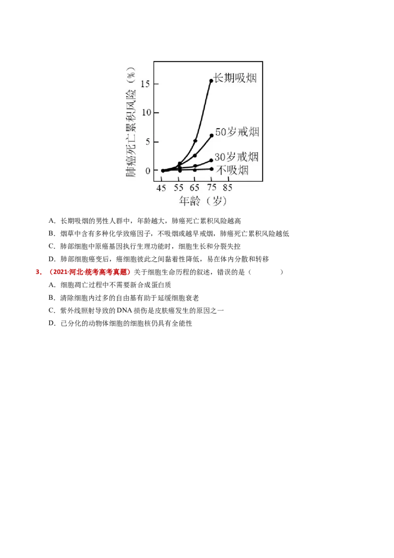 五年（2021-2025）全国高考生物真题分类汇编专题07细胞的分化、衰老、死亡及癌变（全国通用）（原卷版）_高考真题分类汇编_高考生物真题分类汇编（全国通用）五年（2021-2025）