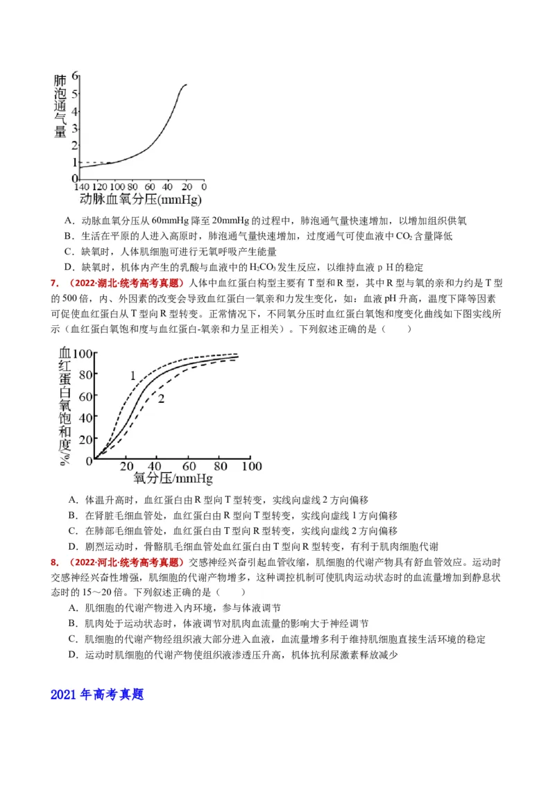 五年（2021-2025）全国高考生物真题分类汇编专题13内环境及其稳态（全国通用）（原卷版）_高考真题分类汇编_高考生物真题分类汇编（全国通用）五年（2021-2025）