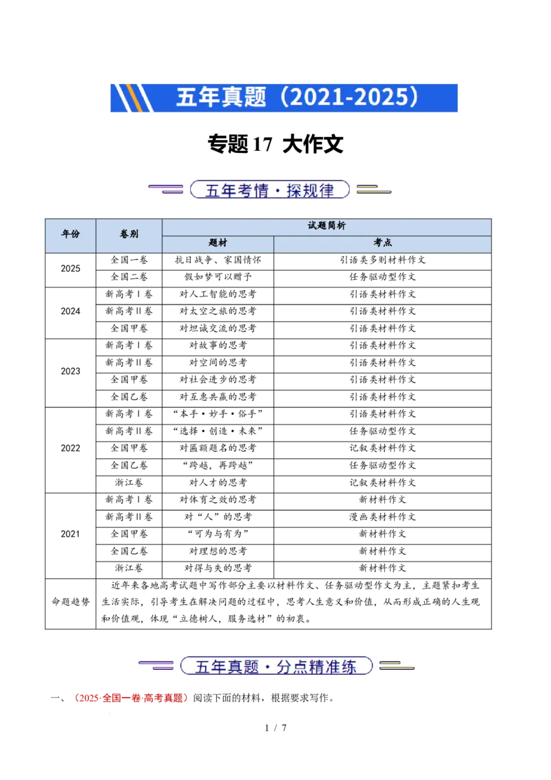 专题17大作文（全国通用）（原卷版）_高考真题分类汇编_高考语文真题分类汇编（全国通用）五年（2021-2025）_专题17大作文（全国通用）