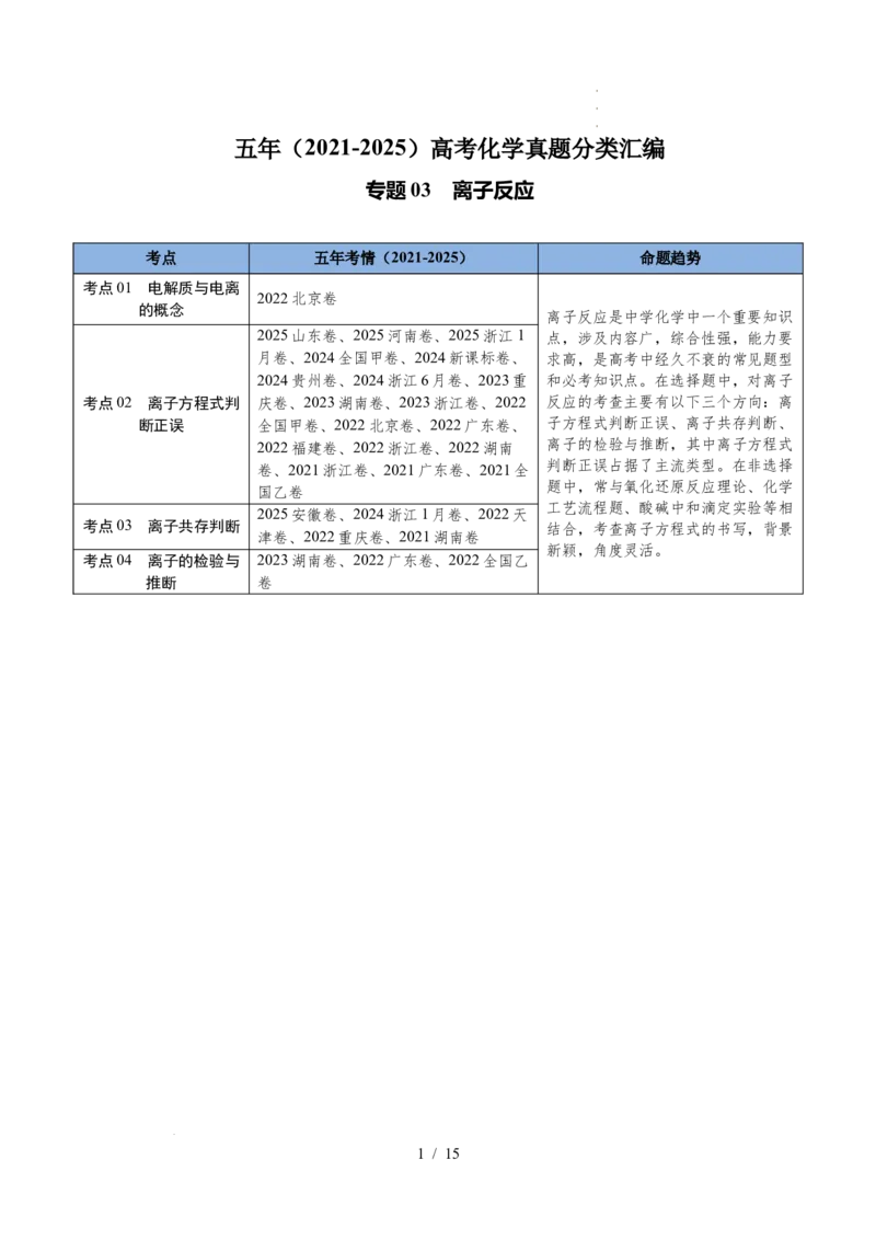 专题03离子反应（解析）_高考真题分类汇编_高考化学真题分类汇编（全国通用）五年（2021-2025）_专题03离子反应五年（2021-2025）高考化学真题分类汇编