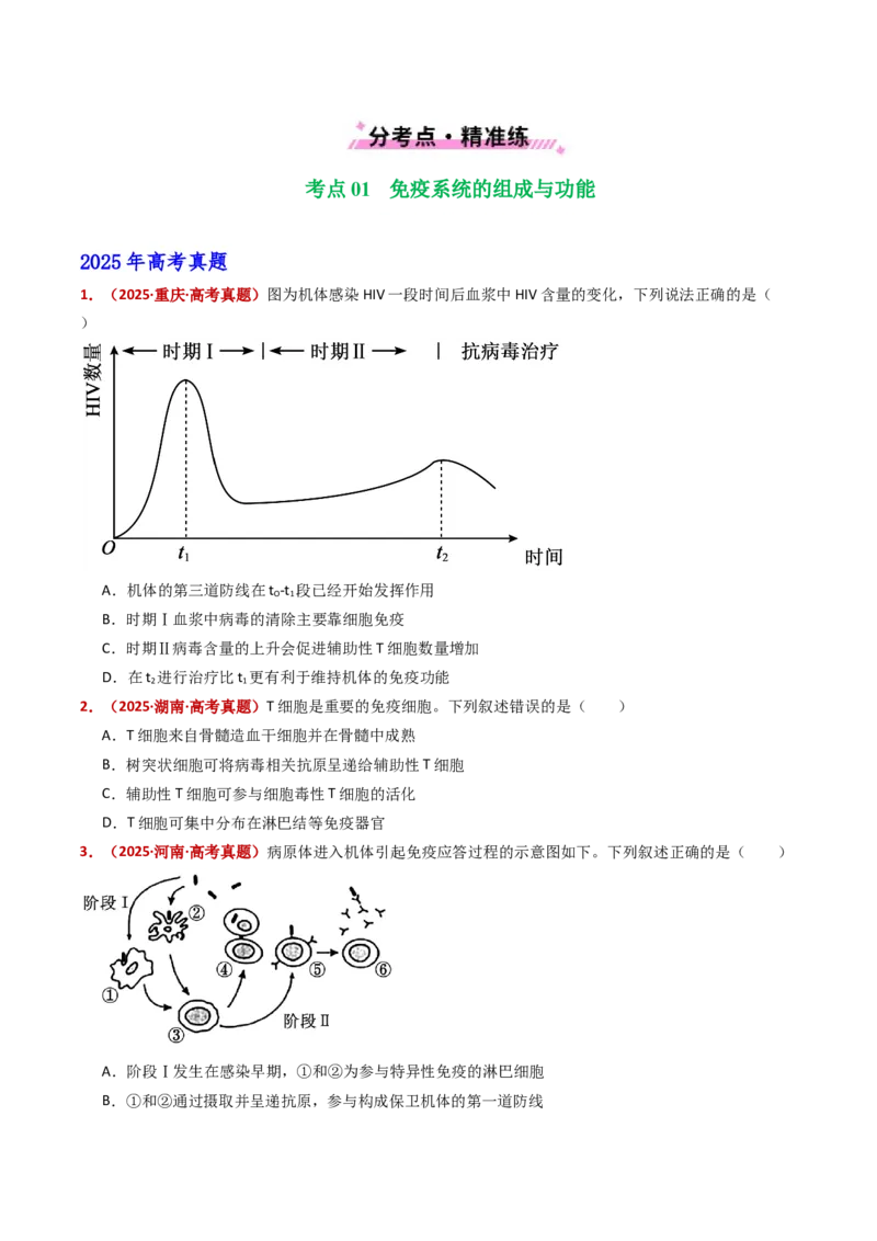 五年（2021-2025）全国高考生物真题分类汇编专题16免疫调节（全国通用）（原卷版）_高考真题分类汇编_高考生物真题分类汇编（全国通用）五年（2021-2025）